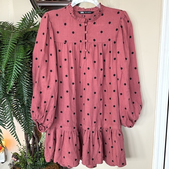 ZARA Mauve Polka Dot Long Balloon Sleeve Ruffle Smock Mini Dress Drop Waist - Picture 14 of 14
